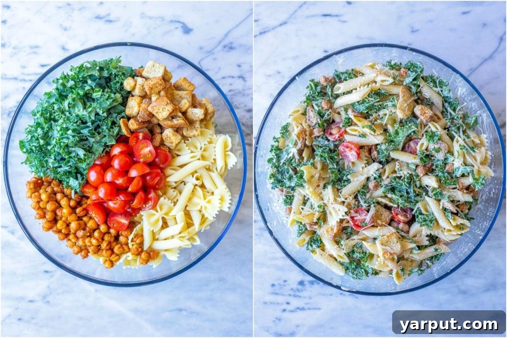 Elevated Kale Caesar Pasta 3 Detailed step-by-step image showing how to combine ingredients for Caesar pasta salad in a large bowl