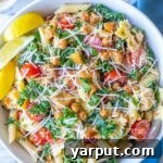 Final presentation of Kale Caesar Pasta Salad