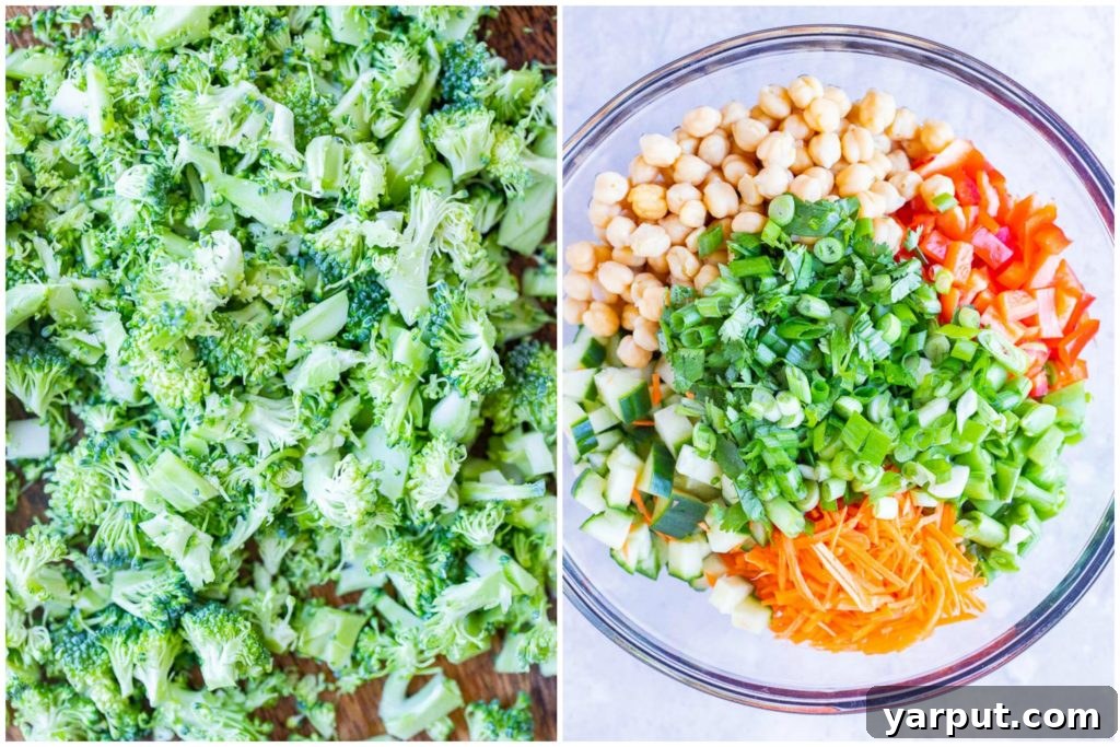 Sesame Ginger Broccoli Crunch 3 Ingredients for Asian Broccoli Salad being assembled in a large mixing bowl