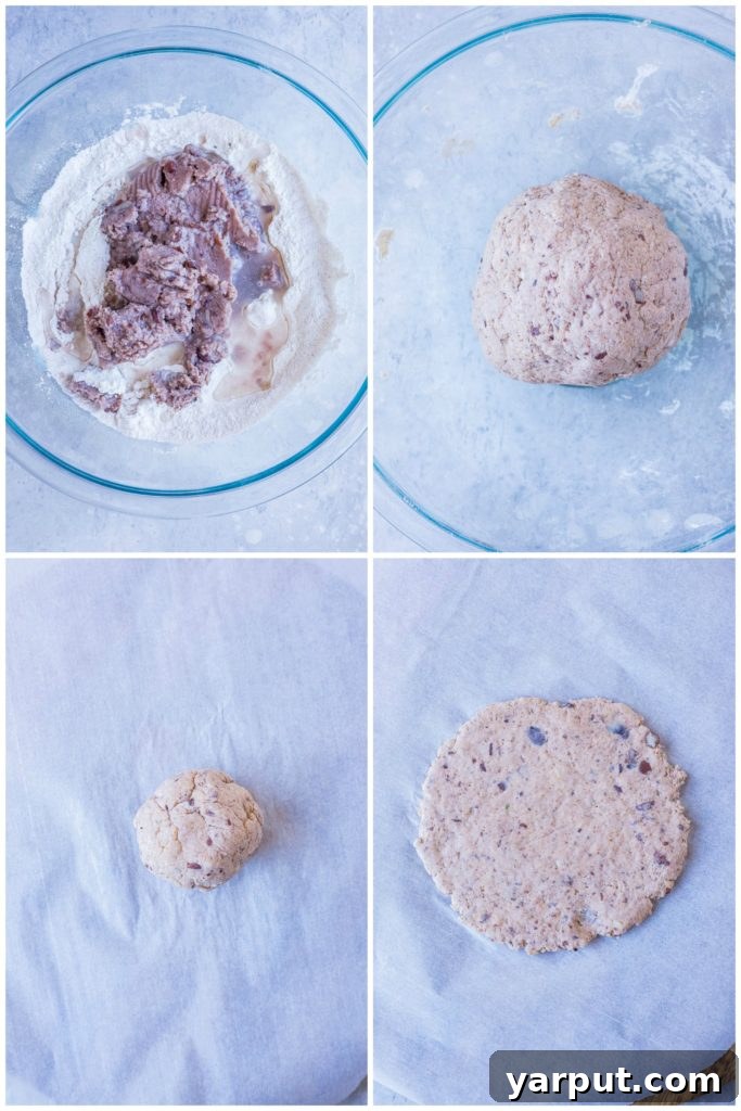 Vibrant Guacamole Tostadas with Black Bean Crisps 3 Step-by-step photos illustrating the process of making homemade black bean tortillas, showcasing the dough and cooking stages.