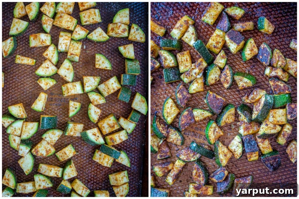 Smoky and Spiced Zucchini Tacos 3 Step-by-step image showing how to prepare zucchini for tacos, including chopped zucchini on a baking sheet