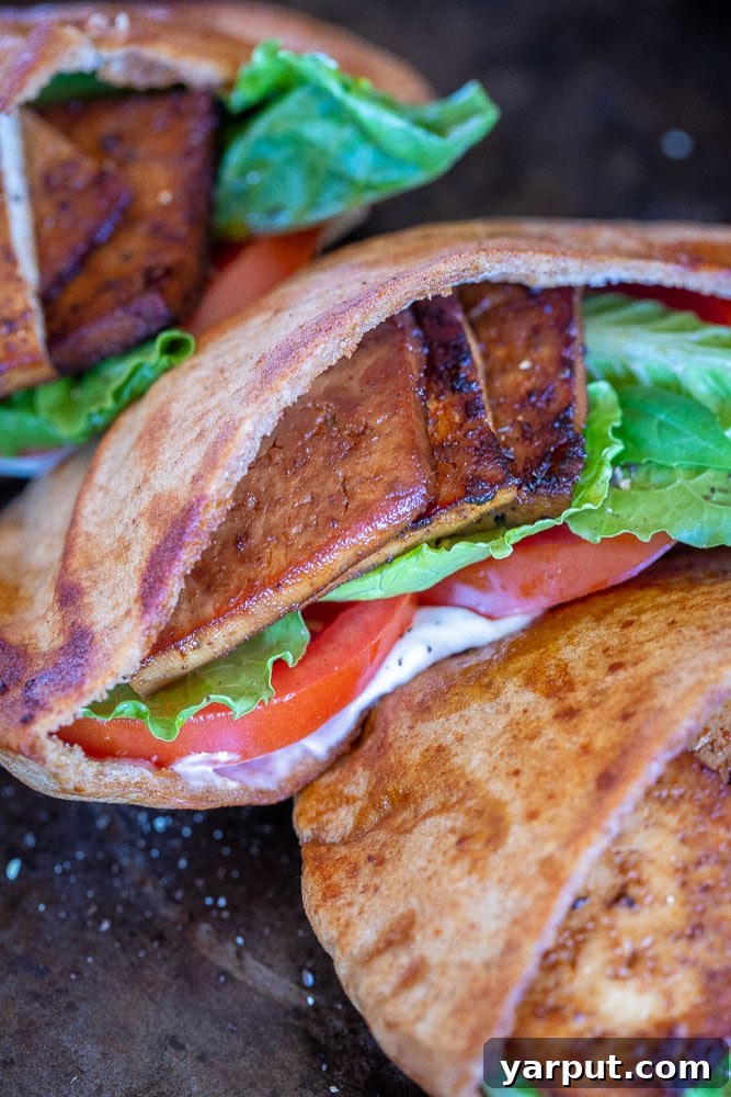 Plant-Based BLT Pockets 4 Close up shot of crispy, marinated tofu bacon for these Vegan BLT Pitas