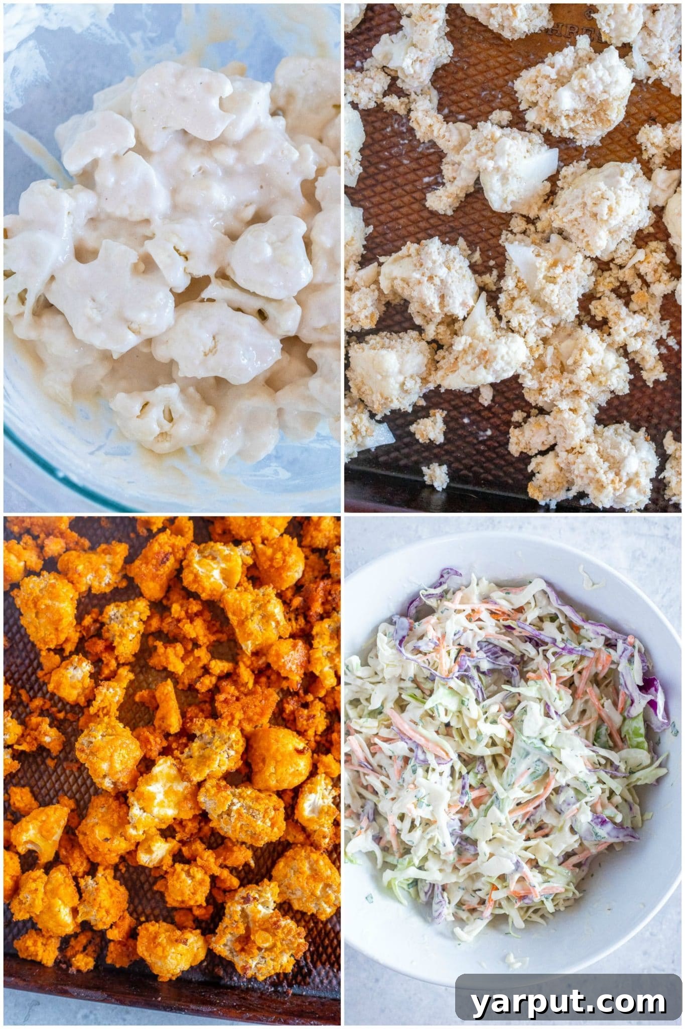 Buffalo Cauliflower Tacos with Creamy Ranch Slaw 3 Step-by-step guide to breading and baking cauliflower for crispy tacos