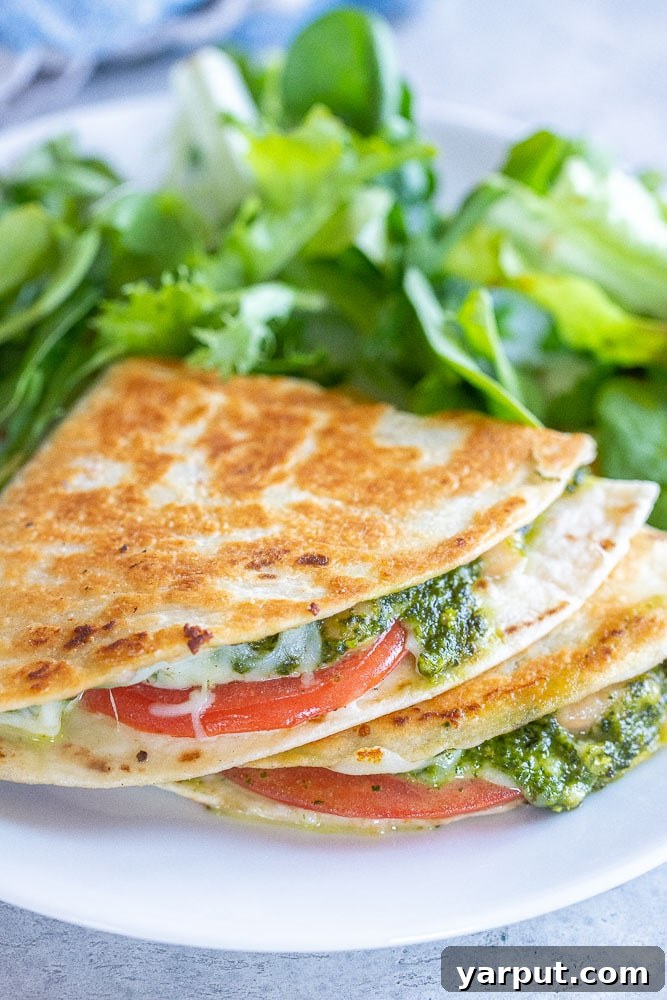 Creamy White Bean Pesto Quesadillas with Fresh Tomato 2 Close up of pesto quesadillas on a plate with salad, garnished with fresh basil