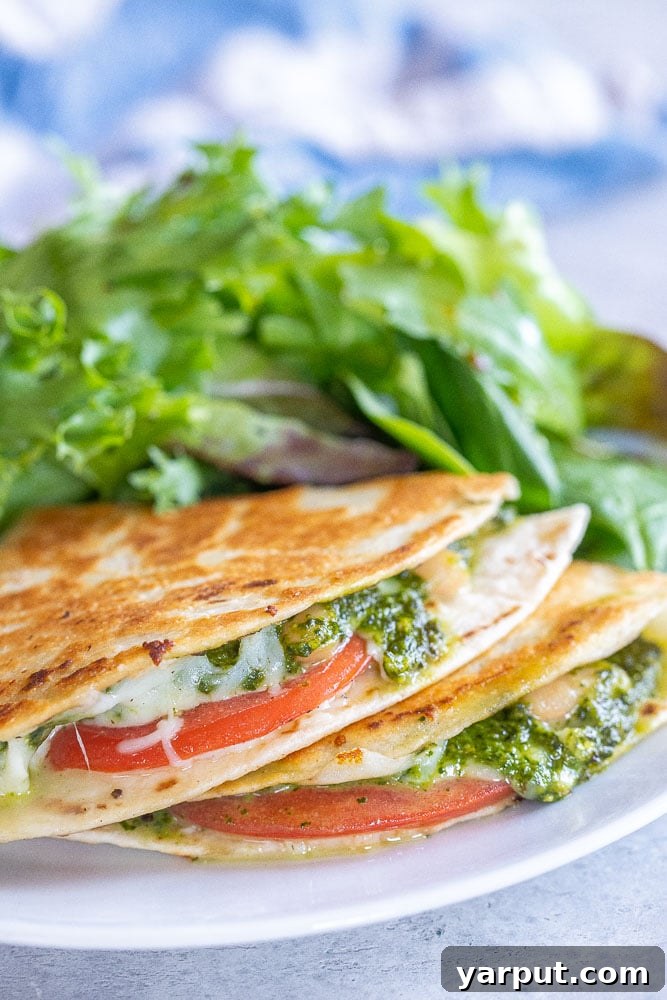 Creamy White Bean Pesto Quesadillas with Fresh Tomato 6 Close up of a freshly cooked pesto quesadilla, showing the melted cheese, white beans, and tomatoes inside