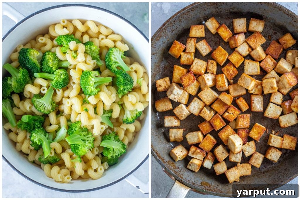 An in-progress shot showing fresh broccoli florets and cubed extra-firm tofu being prepared for a delicious Tofu Broccoli Pasta meal