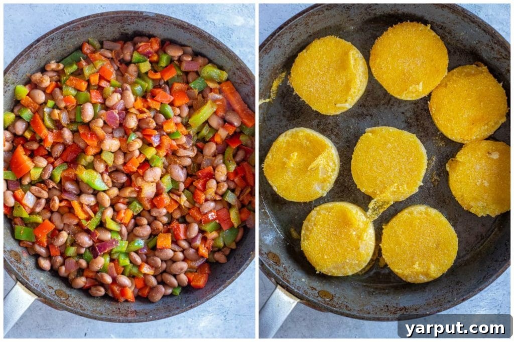 Step-by-step image showcasing sliced polenta being browned in a skillet, essential for creating a crispy texture in the Polenta Enchilada Bake.