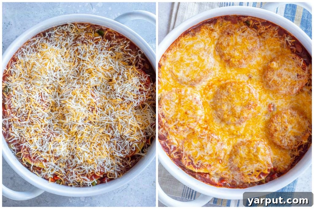 A vibrant close-up of the Polenta Enchilada Bake layered in a baking dish before going into the oven, showing the polenta slices, colorful vegetables, and rich enchilada sauce.
