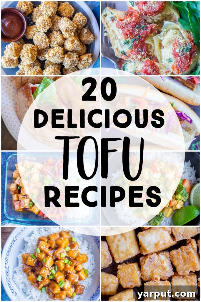 A vibrant collage of 20 delicious and easy tofu recipes, showcasing crispy tofu, curries, tacos, sandwiches, and more. Perfect for anyone looking for flavorful vegan and vegetarian meal ideas.