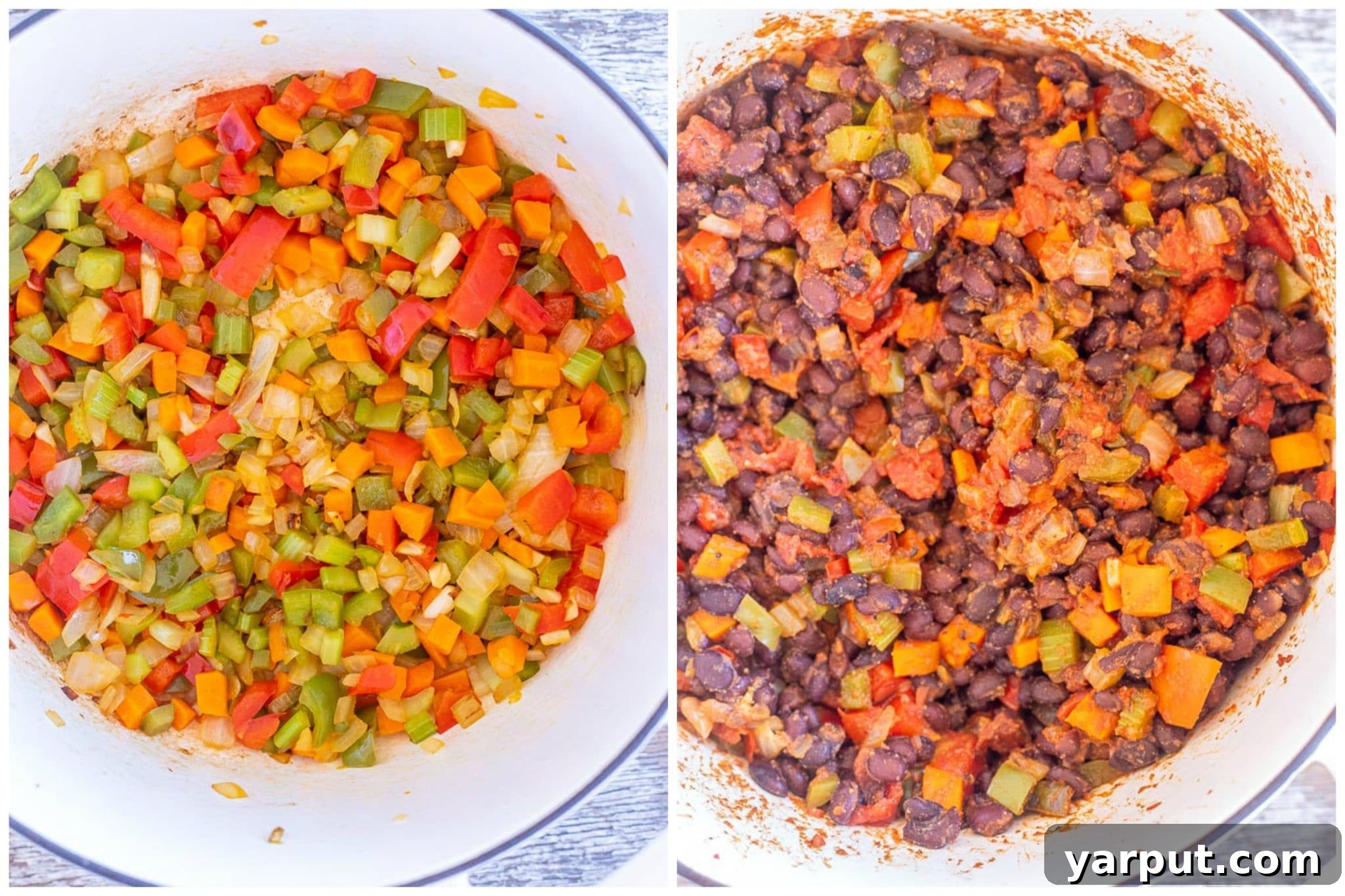 step-by-step photos illustrating the process of making black bean soup, showing vegetables being sautéed