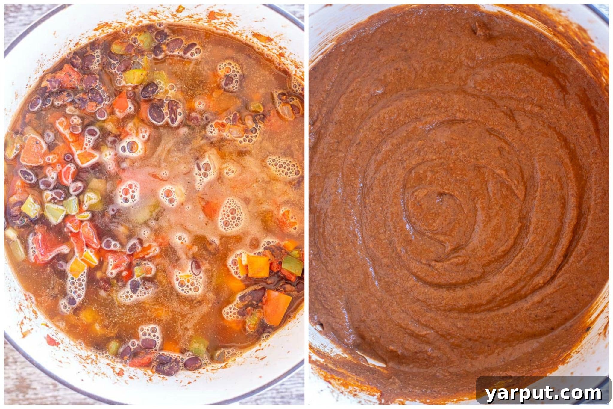 comparison of chunky black bean soup before blending and creamy black bean soup after blending, showing the transformation