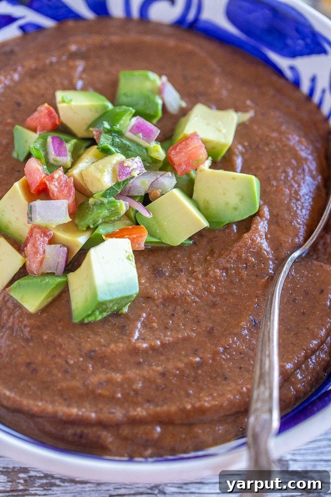 close up of a bowl of creamy vegan black bean soup topped with fresh cilantro and avocado