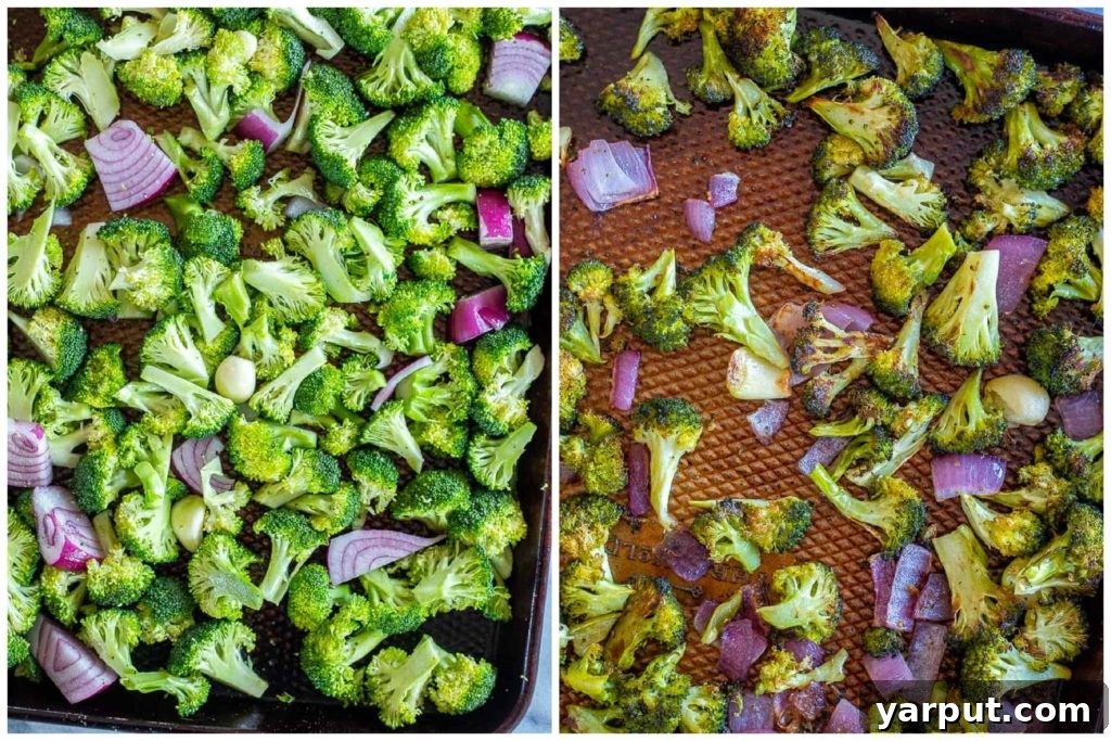 Step-by-step photos illustrating the preparation of creamy vegan broccoli soup, from roasted vegetables to blended perfection.