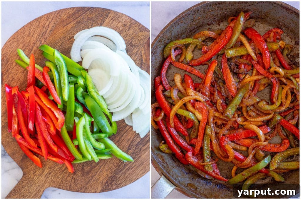 Sizzling Halloumi Fajitas 3 showing how to cook fajita veggies before and after, illustrating the caramelization process