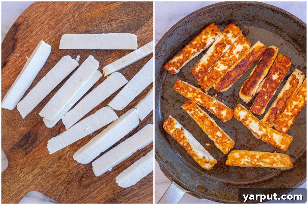 Sizzling Halloumi Fajitas 4 showing how to cook halloumi cheese before and after, illustrating its golden-brown sear