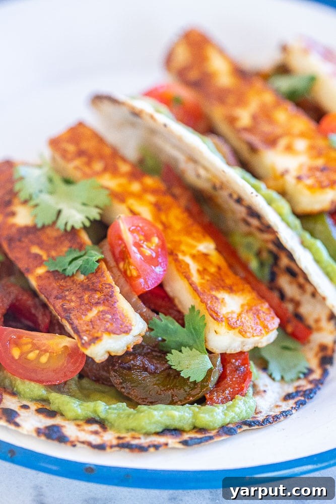 Sizzling Halloumi Fajitas 5 close up to vegetarian fajita recipe with halloumi cheese, showing texture and vibrant colors