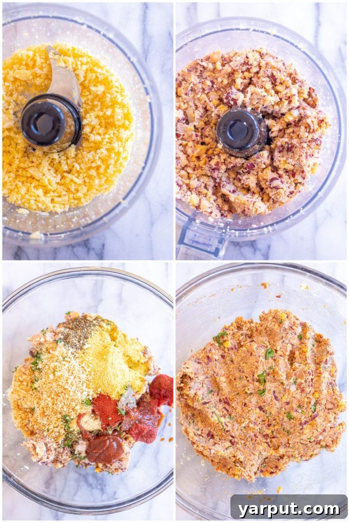 Step-by-step photos showing the process of making vegan meatballs, from ingredients to mixing.