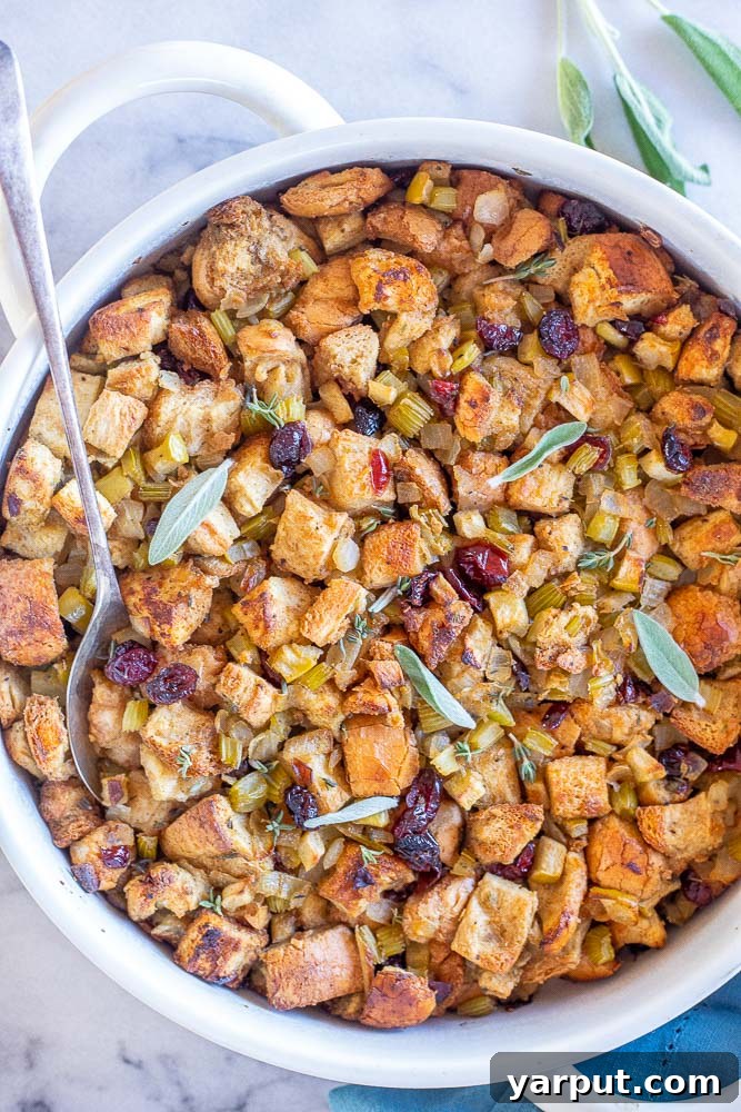 big dish of vegan stuffing with green apple and sage