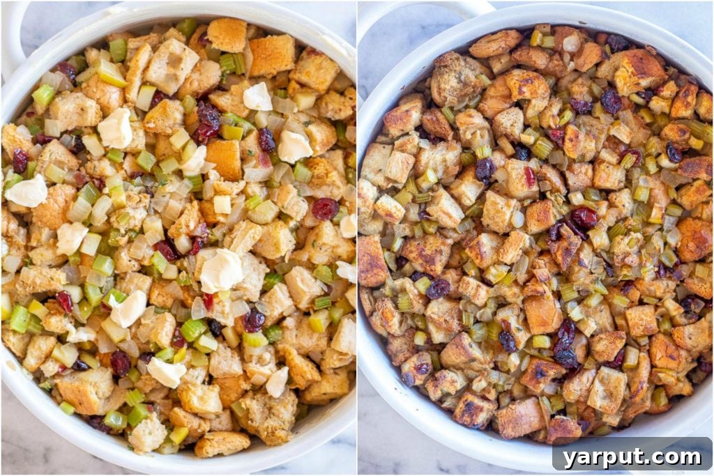 vegan stuffing recipe before and after it's been baked