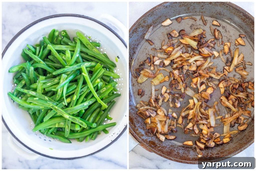 Ultimate Vegan Green Bean Casserole 3 Step-by-step image showing fresh green beans being prepared, illustrating the vibrant color and quality of the ingredients before assembly.