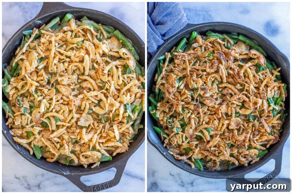 Ultimate Vegan Green Bean Casserole 5 A side-by-side comparison of the vegan green bean casserole, showing it uncooked and then perfectly baked with golden crispy onions.
