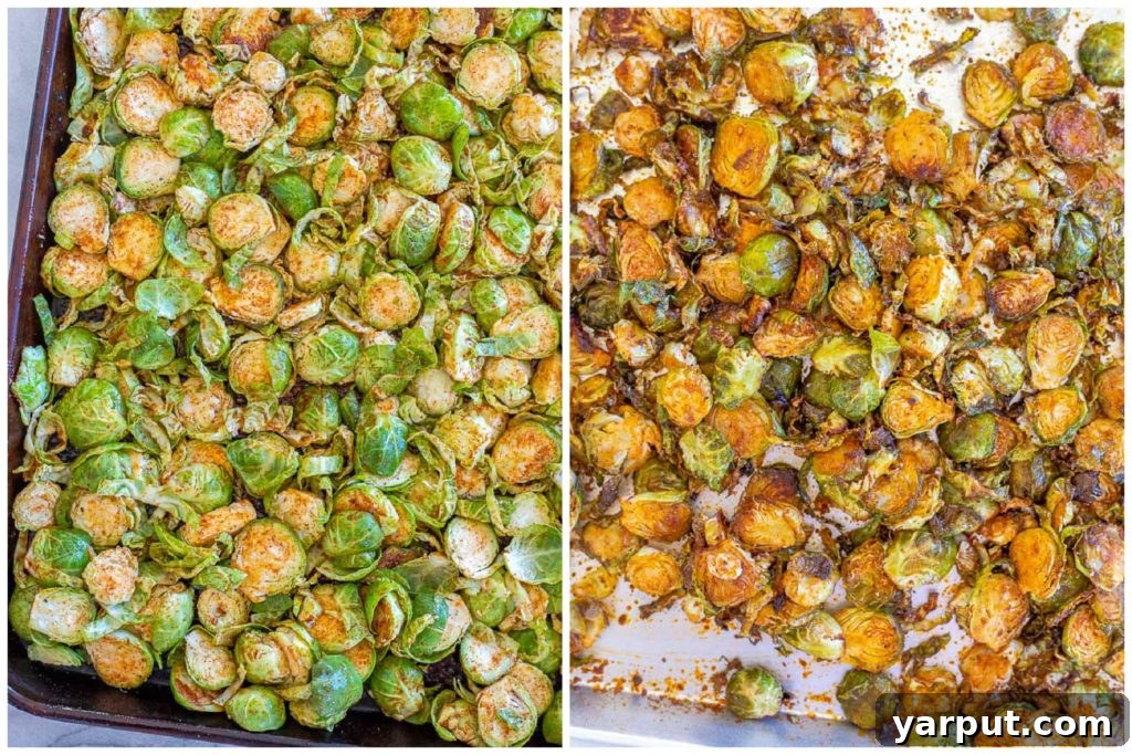 Smoky Charred Brussels Sprouts 4 Showing how to make Roasted Brussels sprouts: mixed with oil and spices on a baking sheet