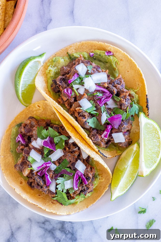 Effortless Vegan Black Bean Tacos 2 two black bean tacos on a plate with vibrant toppings like avocado, cilantro, and salsa
