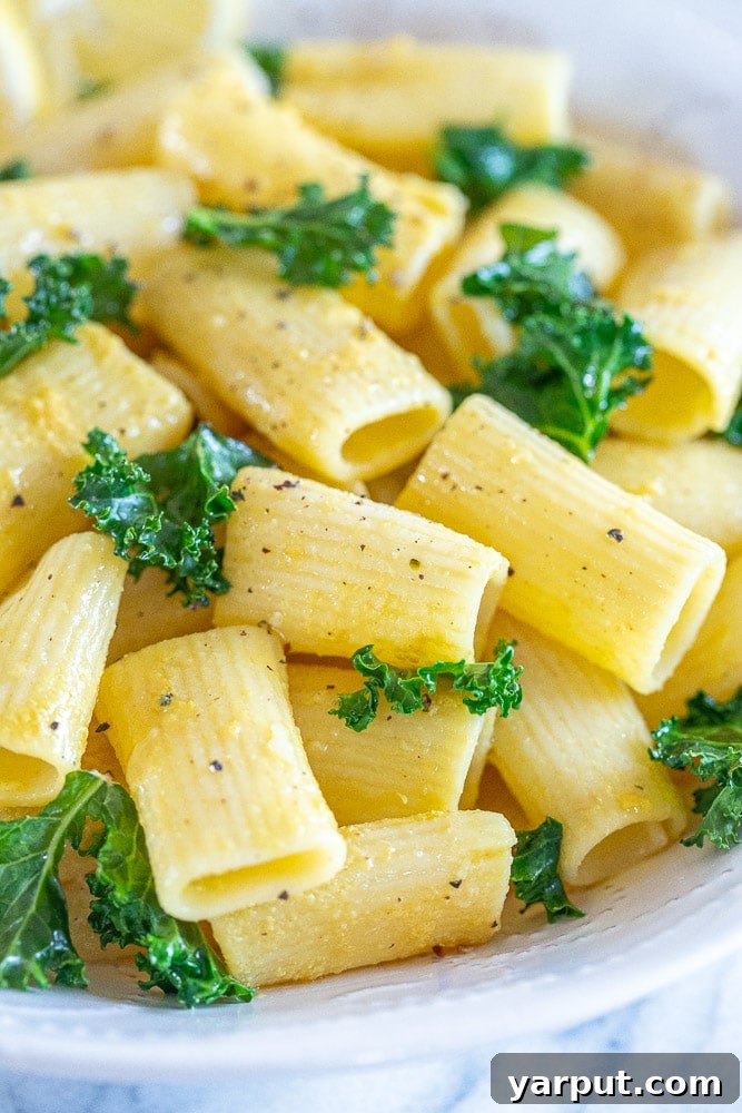 A close-up shot of the finished 30-minute Lemon Garlic Pasta, showcasing its creamy sauce, fresh kale, and perfectly cooked pasta strands.
