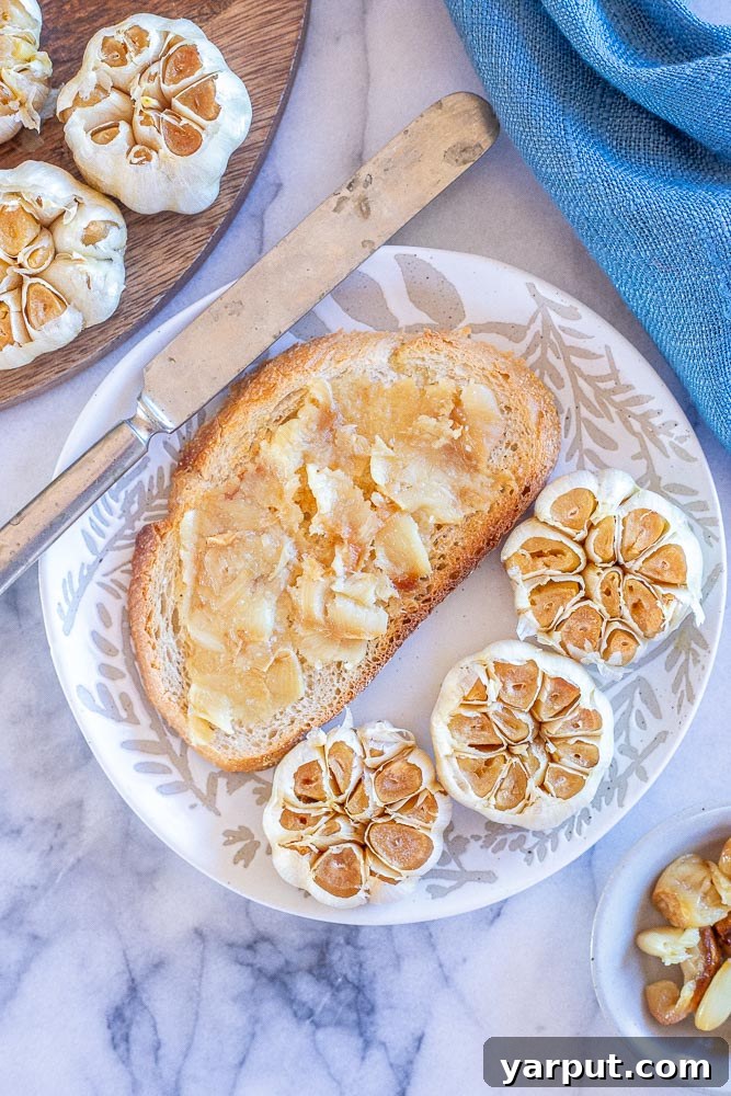 Roast Garlic Perfectly Every Time 6 Roasted garlic spread on a piece of toast