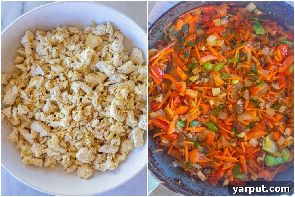 Korean Tofu & Veggie Power Bowls 3 Separately cooked tofu and an array of fresh vegetables ready to be combined for Korean-inspired bowls.