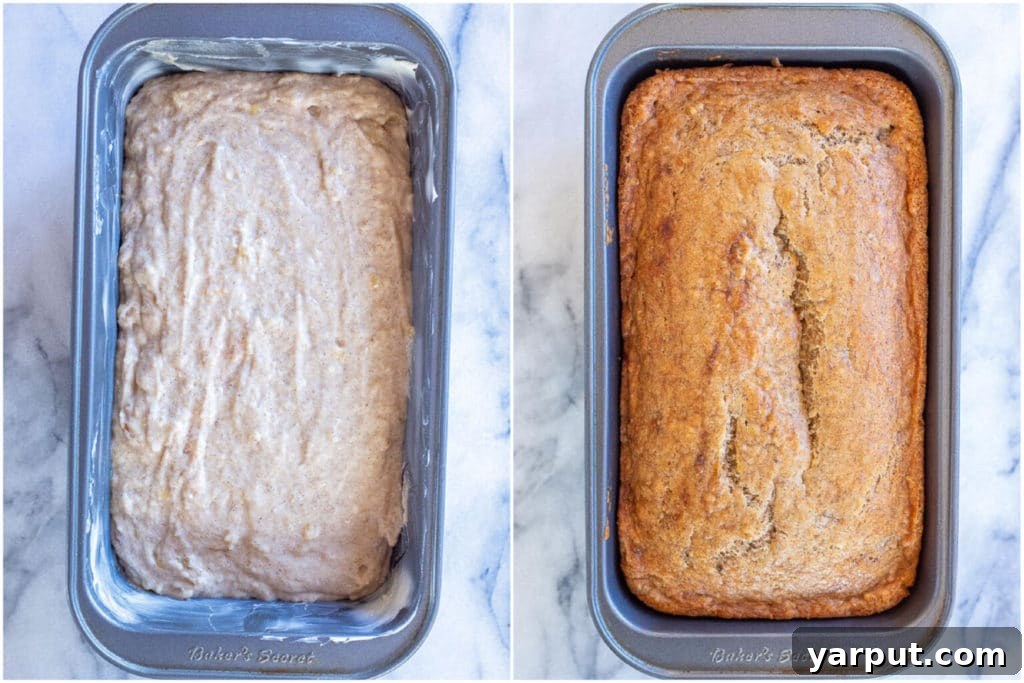 Decadent Vegan Banana Bread 5 A side-by-side comparison of vegan banana bread batter in a loaf pan before baking and a fully baked loaf after baking, showing the transformation.