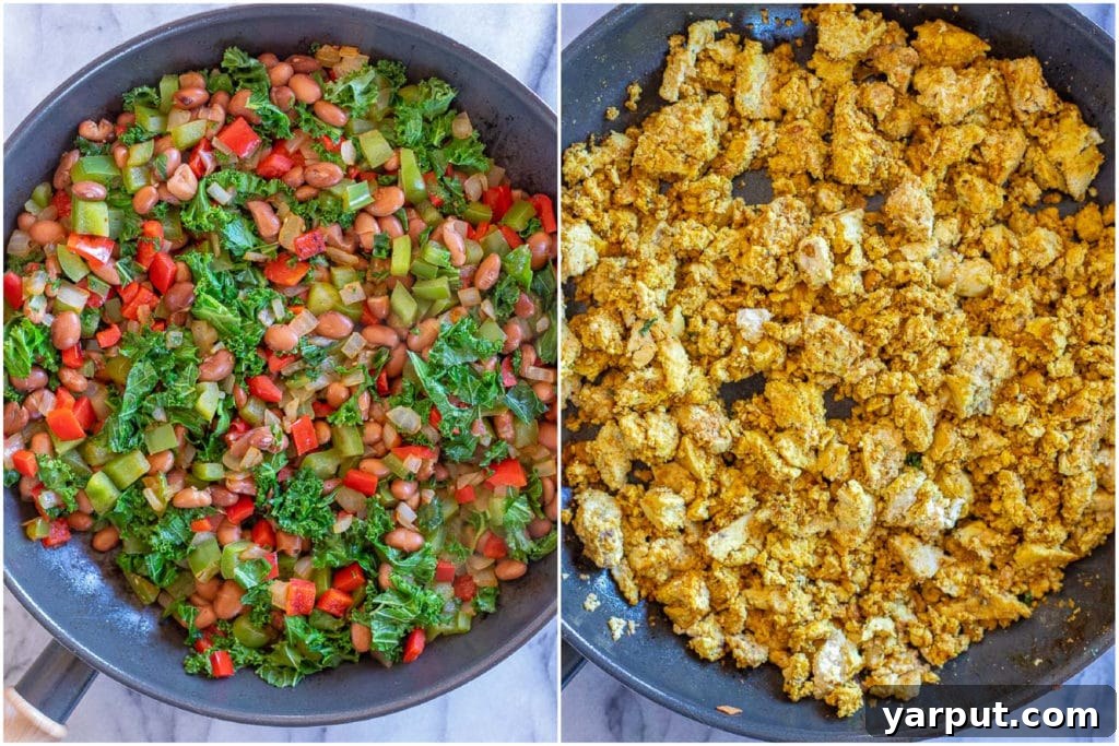 Plant-Powered Breakfast Bowls 3 Step-by-step preparation of vegan breakfast bowl showing sautéed vegetables, beans, and tofu scramble in a pan