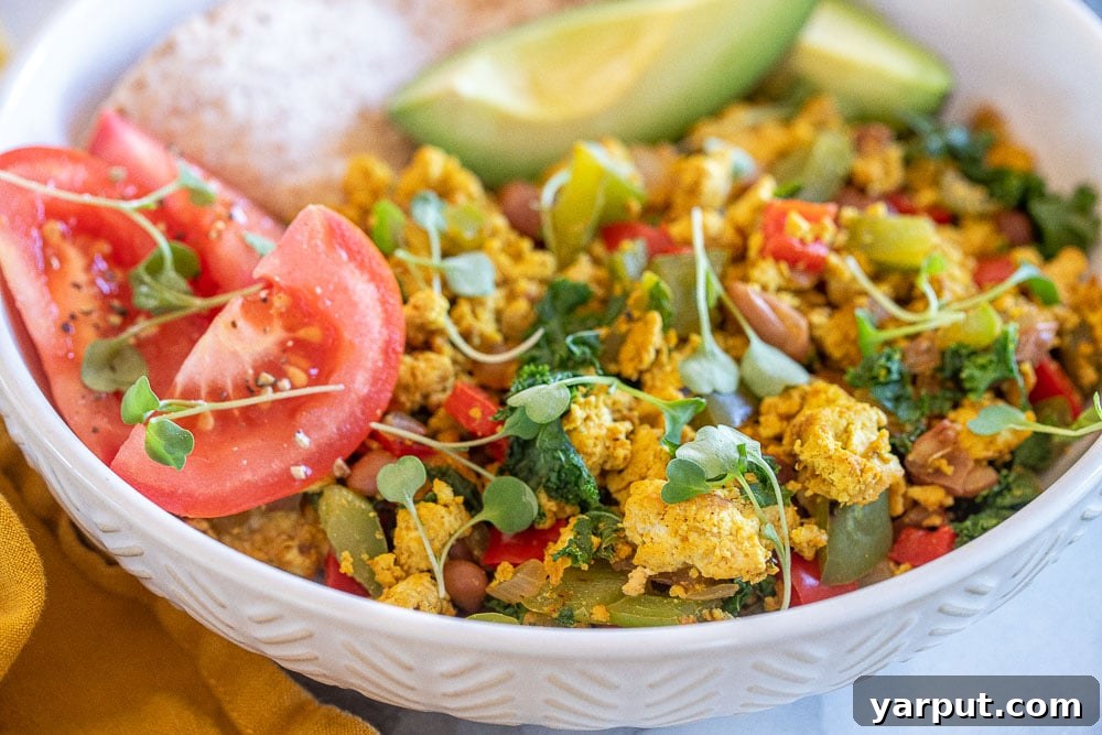 Plant-Powered Breakfast Bowls 6 Two vibrant vegan tofu scramble bowls ready to be enjoyed, showcasing diverse toppings