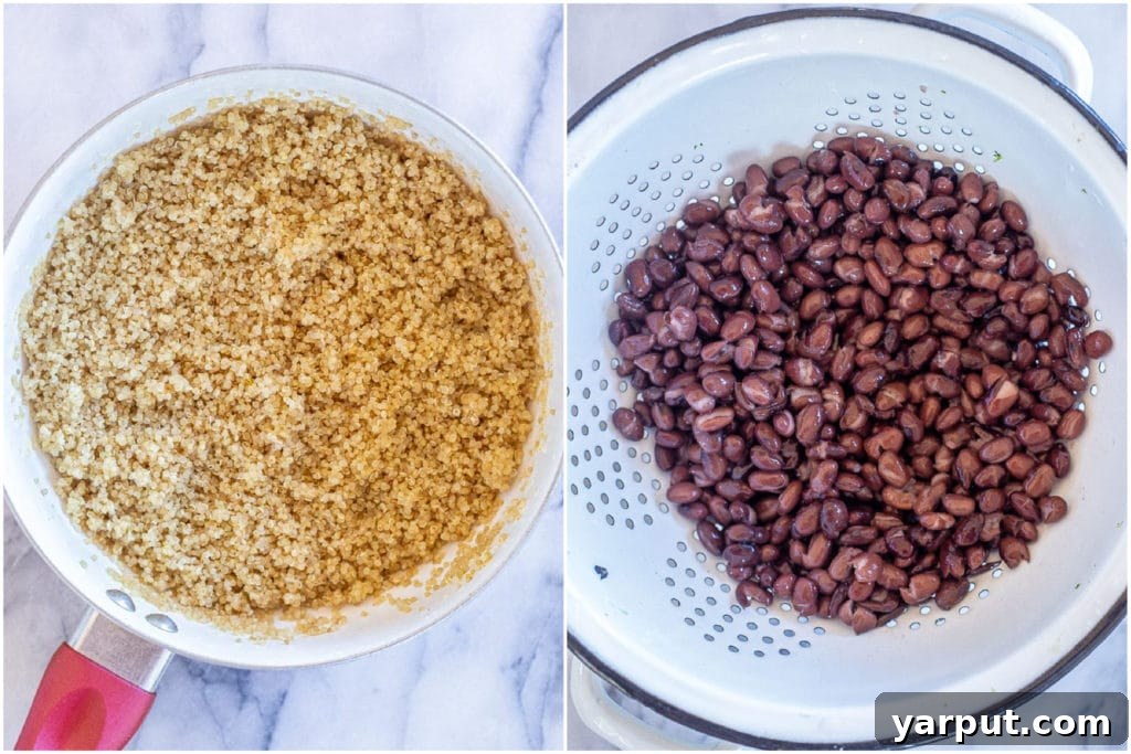Close-up of fluffy cooked quinoa and seasoned black beans, key components for a healthy and satisfying Mexican quinoa salad