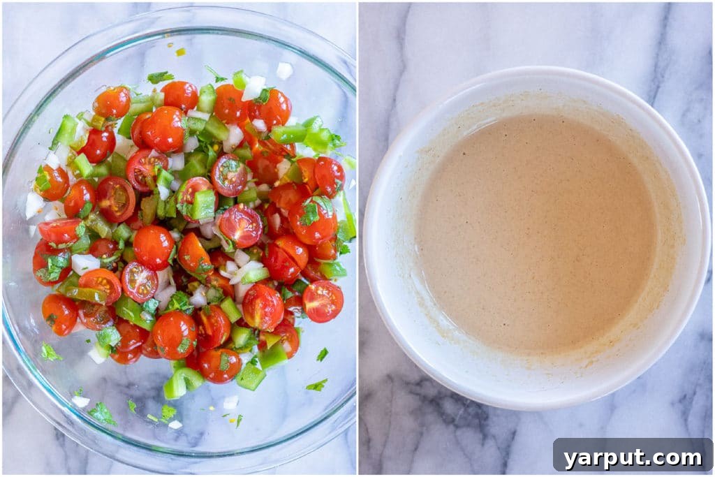 A vibrant close-up of a fresh tomato, onion, jalapeño, and cilantro salad, alongside a small bowl of creamy, zesty lime-cumin tahini dressing, prepared for a Mexican quinoa bowl