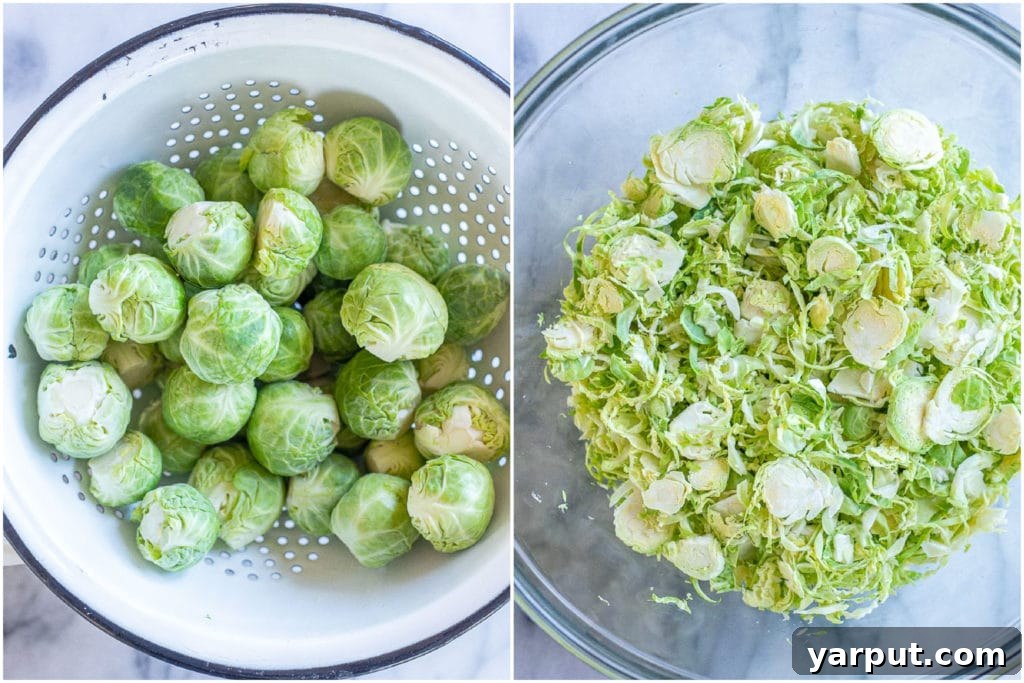 Vibrant Shaved Brussels Sprout Salad 3 Close-up comparing whole Brussels sprouts with thinly shaved Brussels sprouts in a bowl, demonstrating the preparation process.