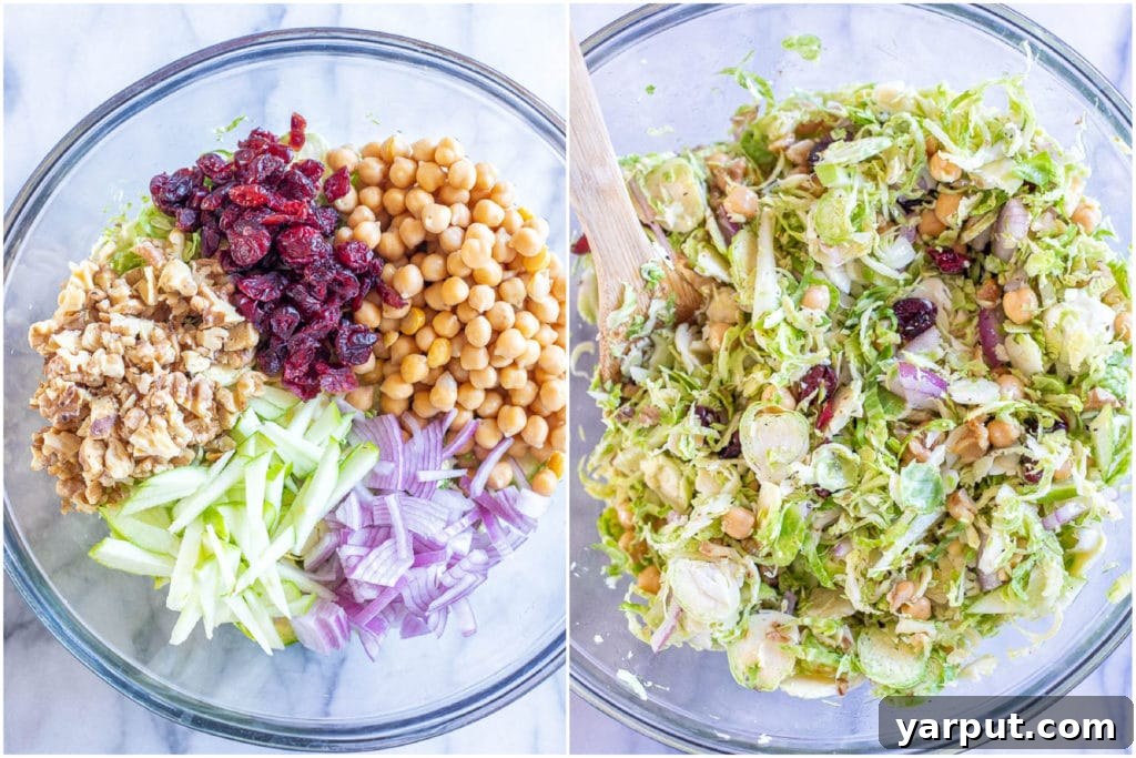 Vibrant Shaved Brussels Sprout Salad 4 Step-by-step image showing how to make a shaved Brussels sprout salad by combining ingredients in a bowl.