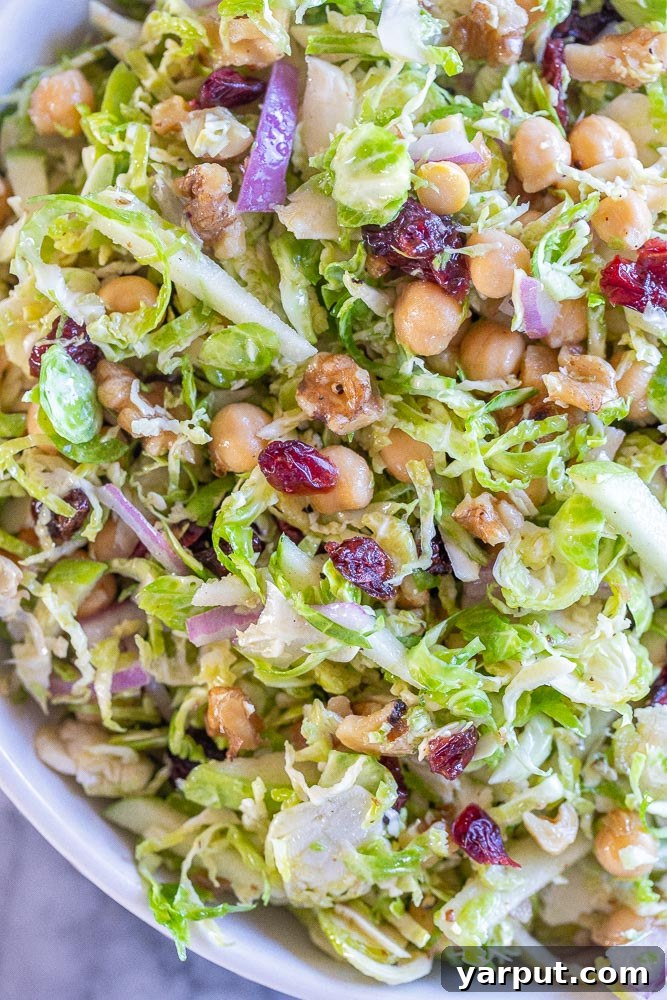 Vibrant Shaved Brussels Sprout Salad 6 A beautifully presented close-up of Shaved Brussels Sprout Salad in a rustic bowl.