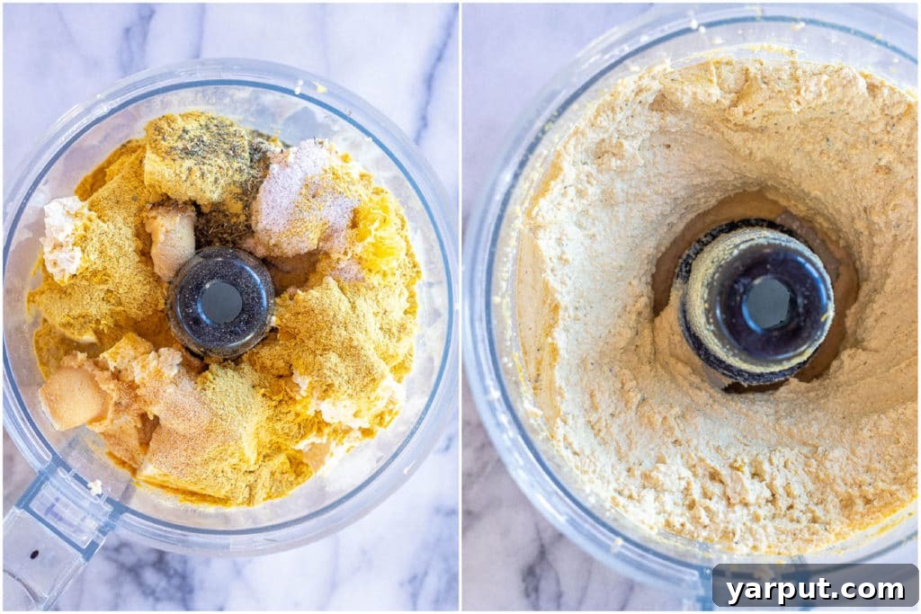 Ultimate Plant-Based Lasagna 3 Step-by-step image demonstrating how to prepare creamy vegan ricotta cheese using fresh tofu and a food processor.