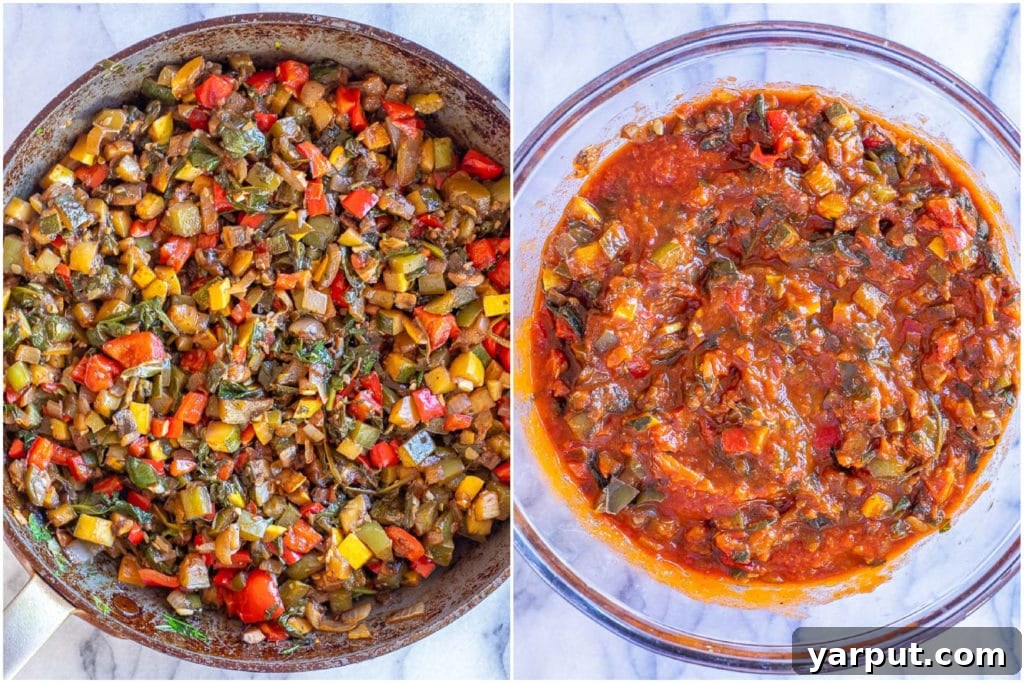 Ultimate Plant-Based Lasagna 4 The cooking process for the vegetable and tomato sauce mixture, showing a skillet filled with colorful sautéed vegetables and simmering tomato sauce.