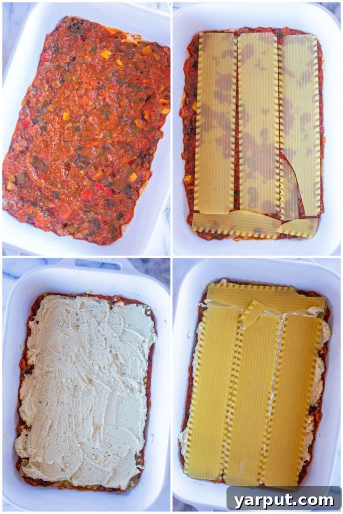 Ultimate Plant-Based Lasagna 5 A photographic sequence illustrating the step-by-step assembly of a homemade vegan lasagna in a baking dish, showing each layer being carefully placed.