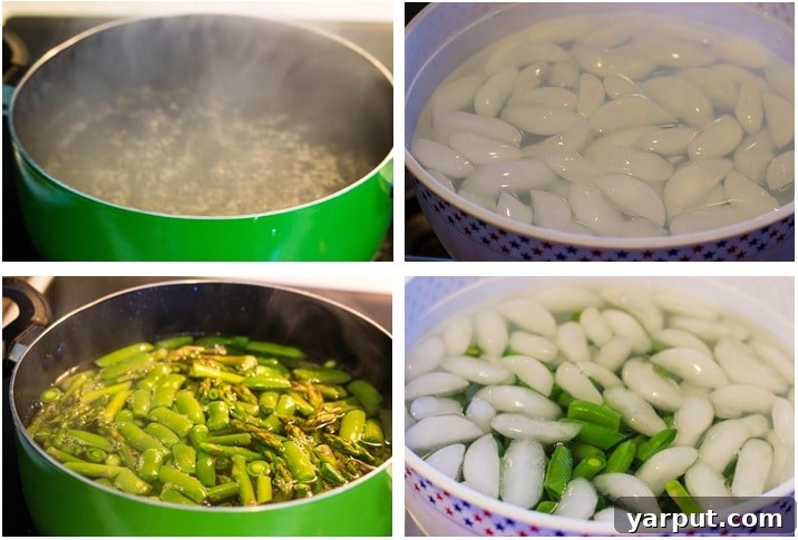 Step-by-step instruction showing vegetables being blanched in boiling water, followed by being submerged in an ice bath to preserve their color and crispness for the salad.