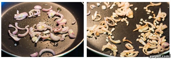 A close-up view of finely diced shallots cooking in a pan with olive oil, gently caramelizing to release their sweet, mild aroma for the salad.