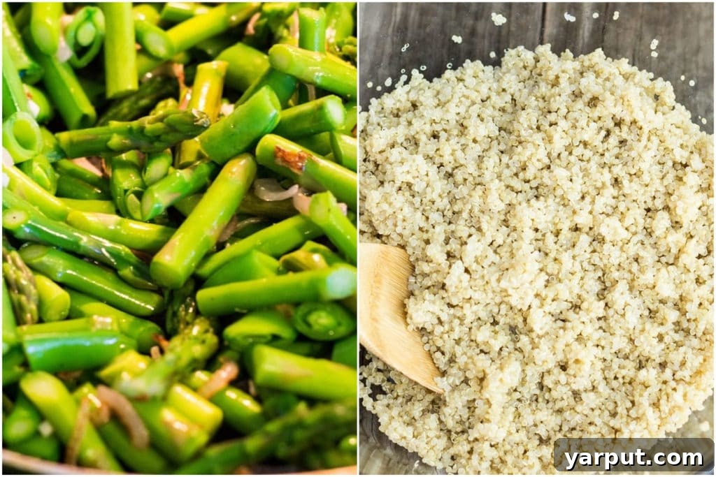 A bowl of cooked and fluffed quinoa sits beside a separate bowl of blanched and sautéed asparagus and sugar snap peas, ready for combining into the spring quinoa salad.