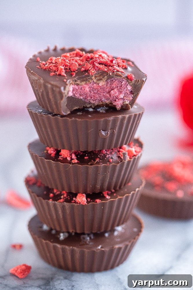 Strawberry Coconut Chocolate Bliss Cups 2 a stack of chocolate strawberry coconut cups with a bite taken out of one
