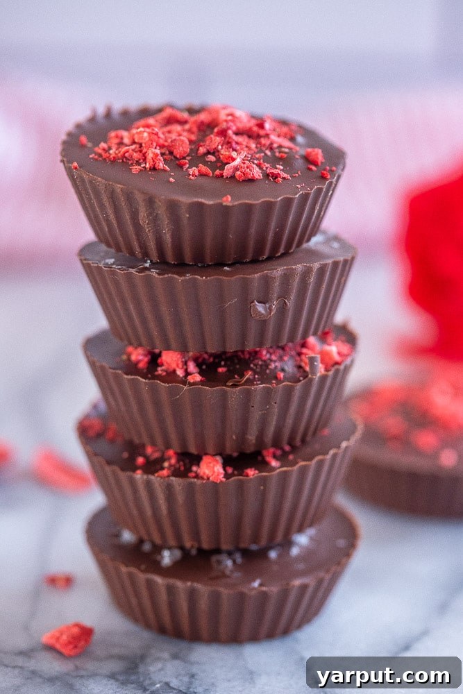 Strawberry Coconut Chocolate Bliss Cups 5 chocolate strawberry cups stacked on top of each other