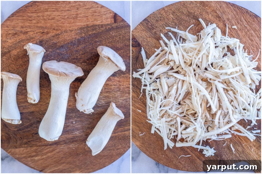 Mushroom Carnitas (Vegan) 3 A side-by-side comparison of whole king trumpet mushrooms and their shredded form, demonstrating their unique texture perfect for vegan carnitas.