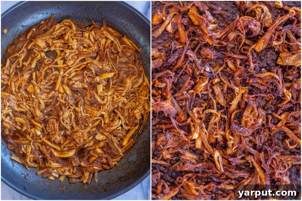 Mushroom Carnitas (Vegan) 4 Before and after comparison of vegan carnitas, showing the shredded mushrooms initially in a pan and then transformed into crispy, cooked carnitas.