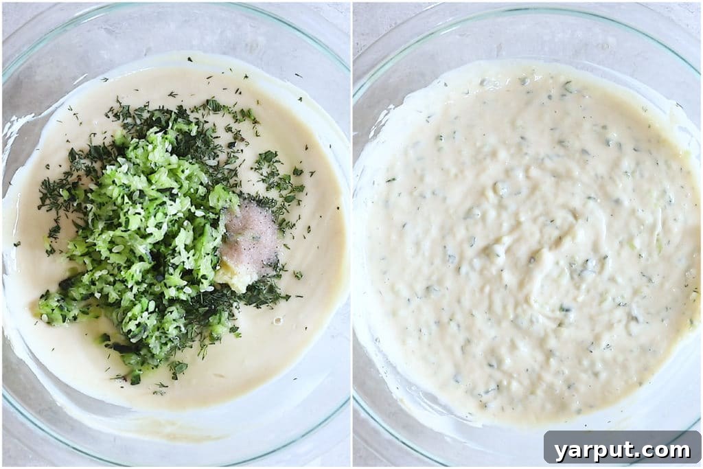Creamy Vegan Tzatziki Dip 4 A serving bowl filled with freshly made vegan tzatziki sauce, perfectly mixed and ready to be served, showcasing its creamy texture.