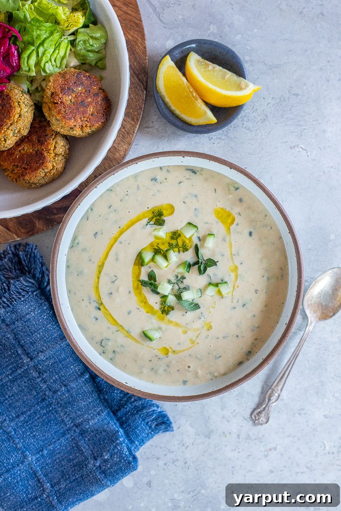 Creamy Vegan Tzatziki Dip 5 A bowl of vegan tzatziki sauce elegantly paired with crispy falafel and a fresh, vibrant green salad, showcasing a perfect meal combination.